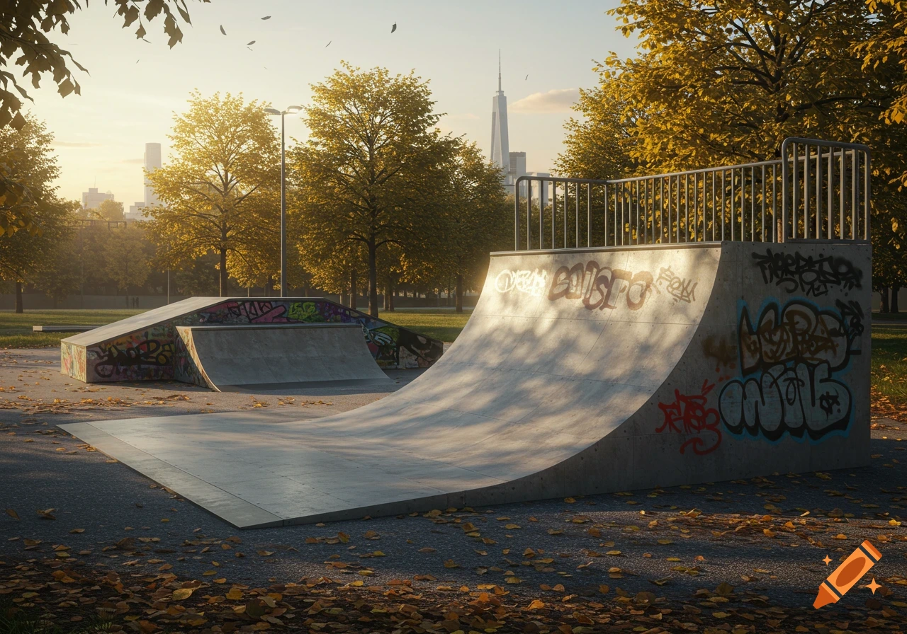 A photorealistic autumn scene of an empty skate park with concrete ramps covered in illegible graffiti, surrounded by yellow-leaved trees and a distant city skyline.