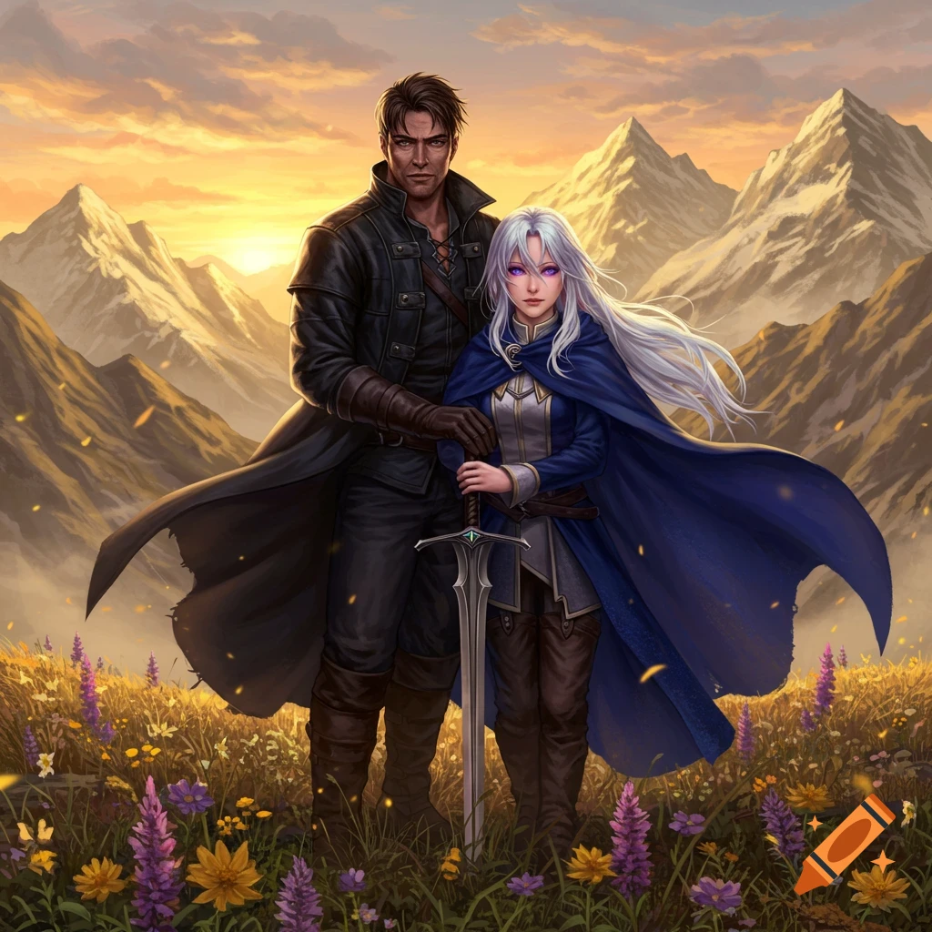 A dark-haired man and a white-haired woman with a sword stand in a field of wildflowers with mountains at sunset, digital art.