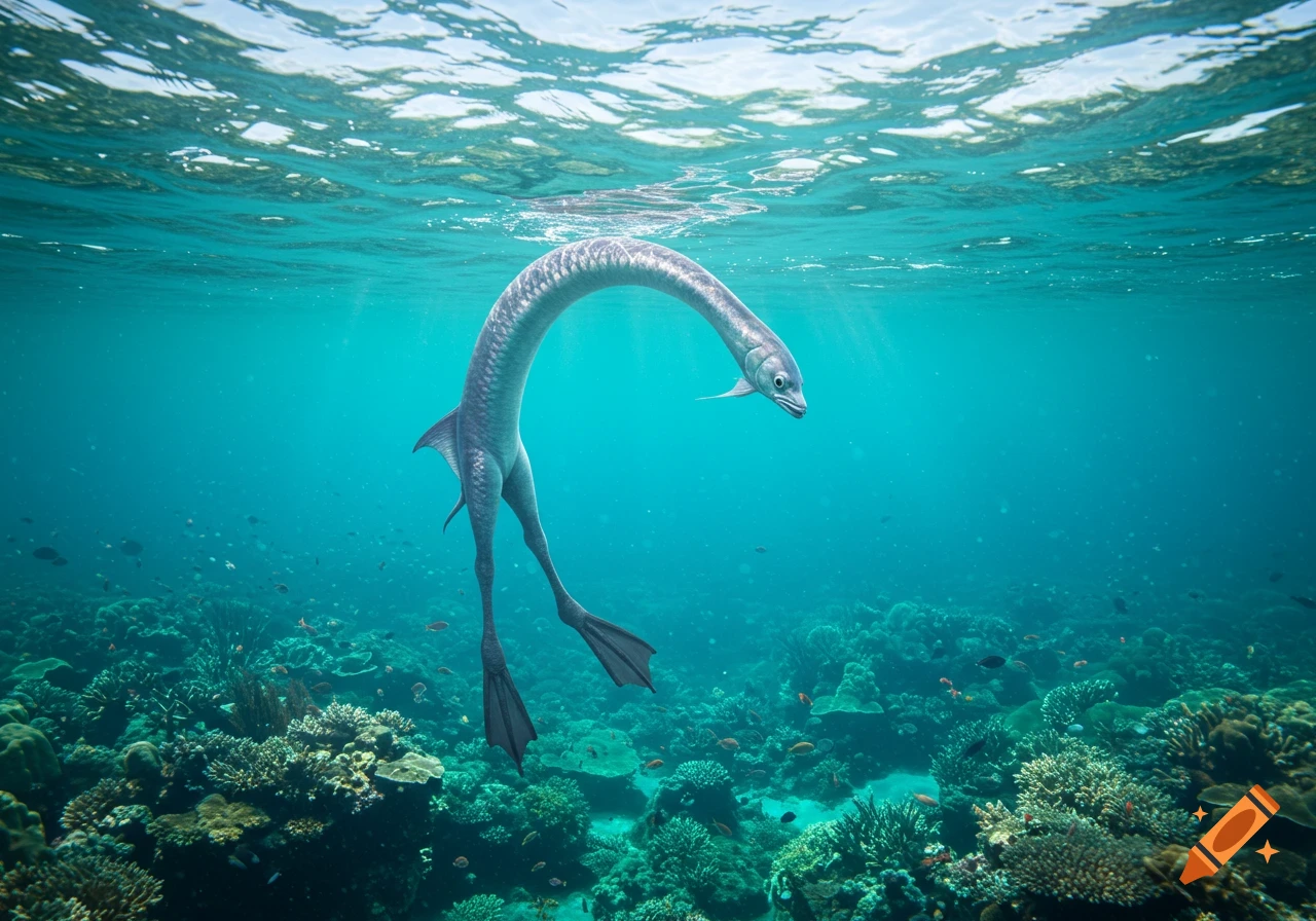 A bizarre, long-necked fish with human-like legs and webbed feet floats above a vibrant coral reef in clear blue water.