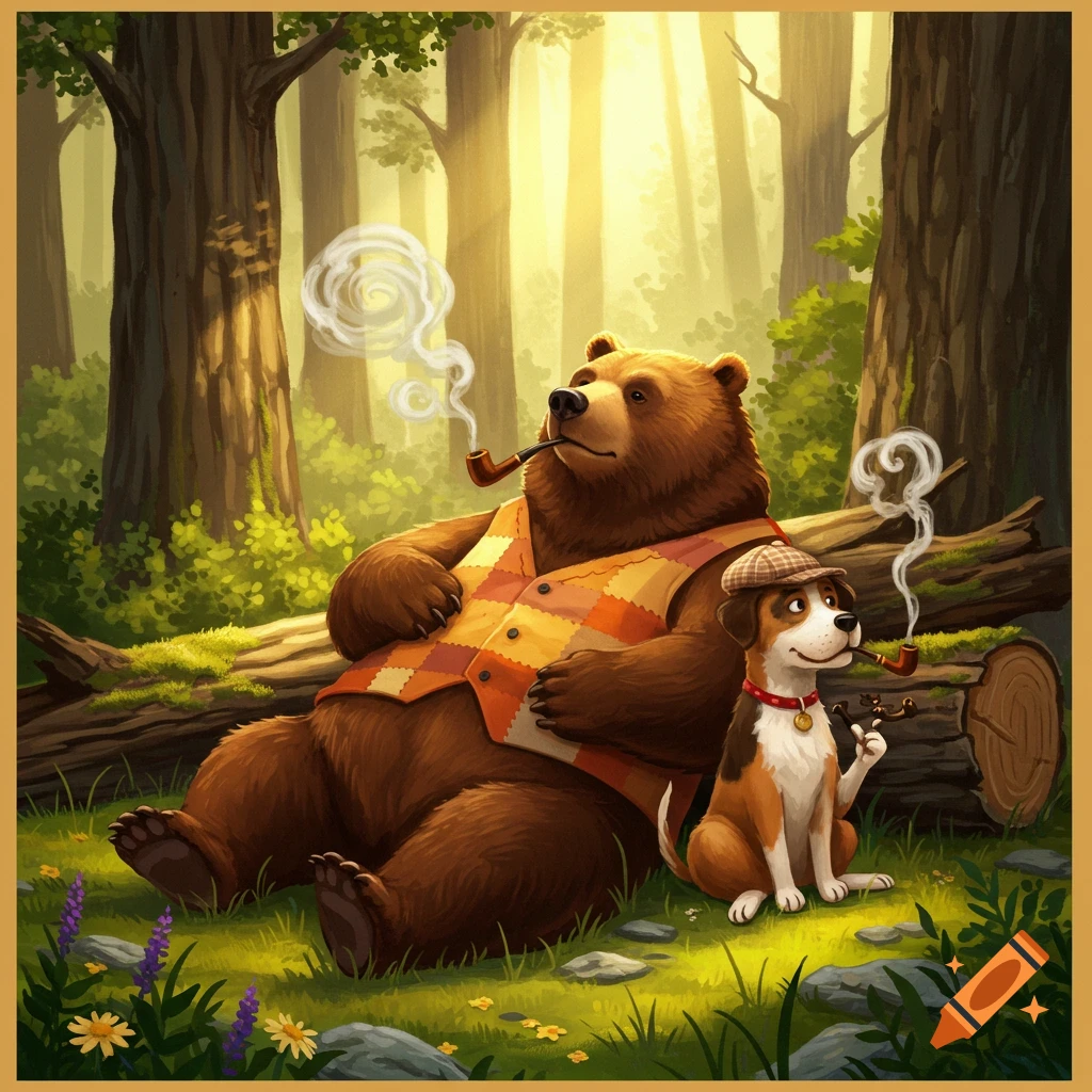 A cartoon bear in a plaid vest and a dog in a hat sit in a sunny forest, both smoking pipes.
