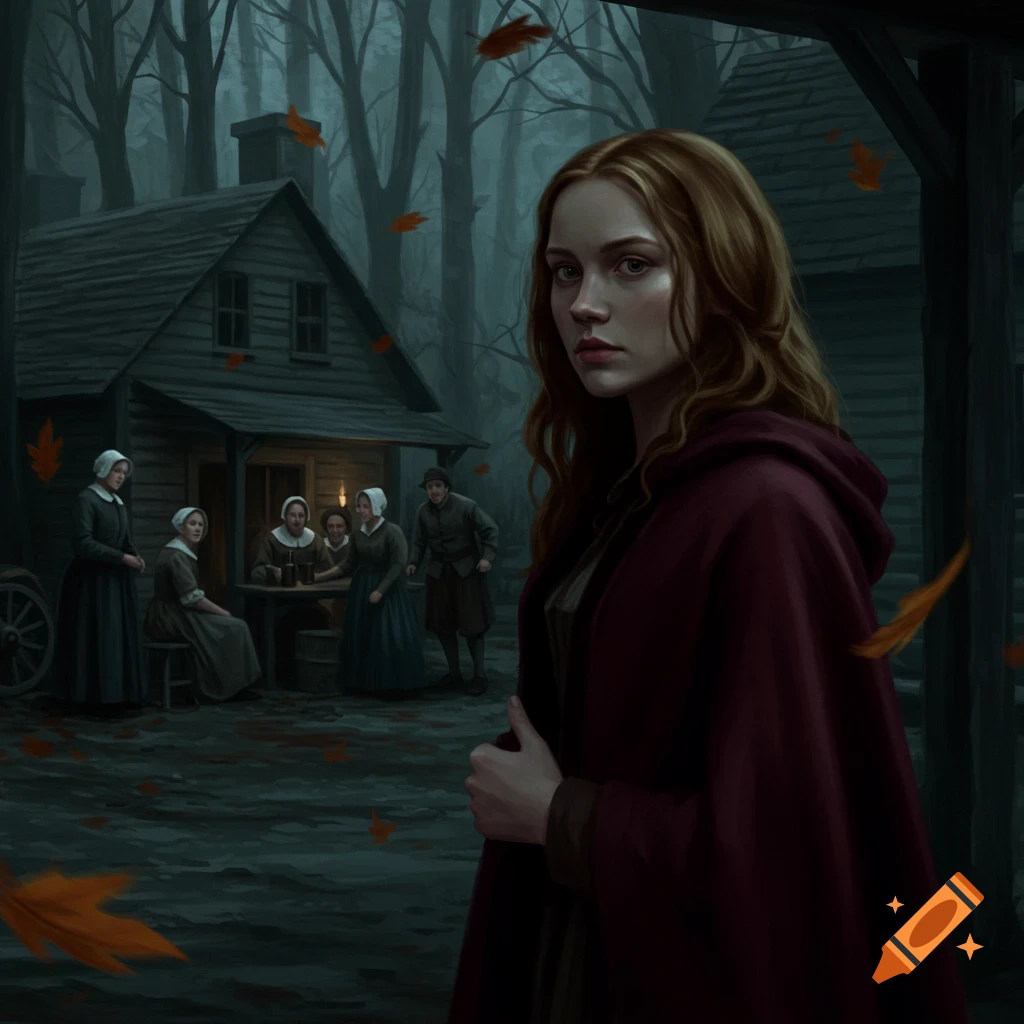 A young woman in a dark cloak stands in a shadowy colonial village with people gathered outside a cabin, in a dark oil painting style.