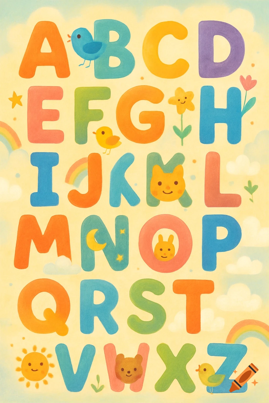 Colorful, whimsical illustration of the English alphabet (A-Z) with cute animals, rainbows, and celestial objects on a pale yellow background.
