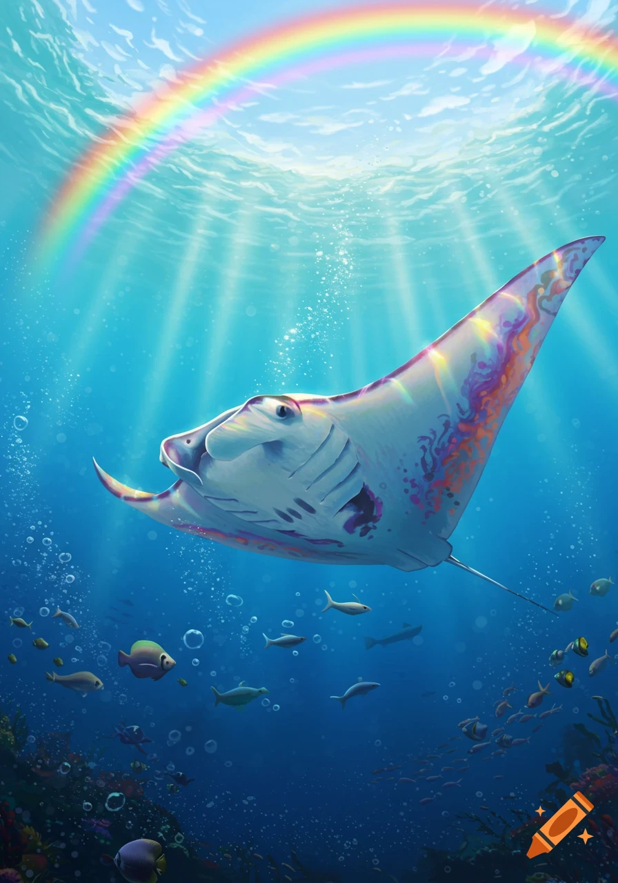A majestic rainbow-colored manta ray swims underwater, with sunlight piercing the blue depths and a vibrant rainbow arching above the surface.