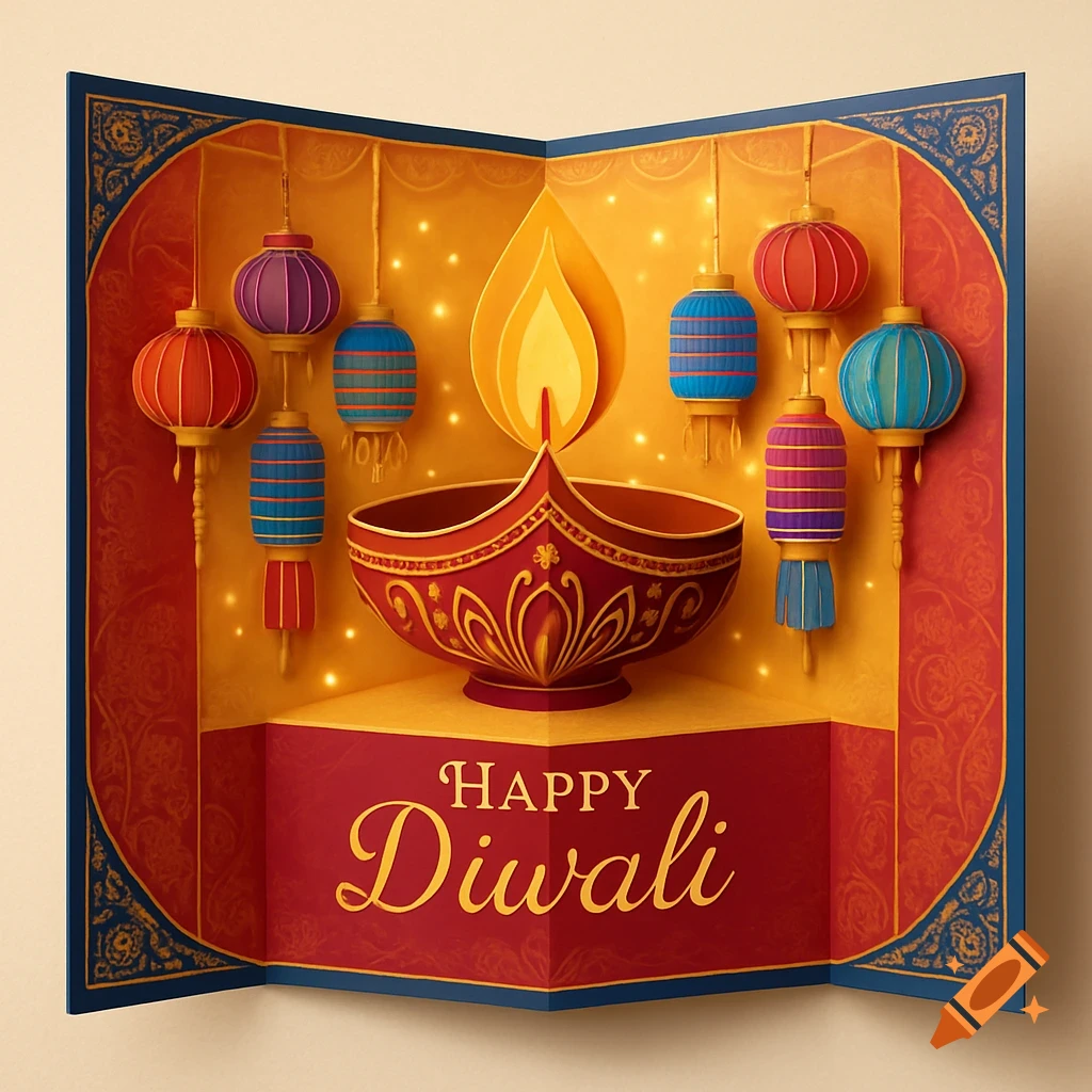 Vibrant pop-out Diwali greeting card featuring a central diya, colorful lanterns, and 'HAPPY Diwali' text.