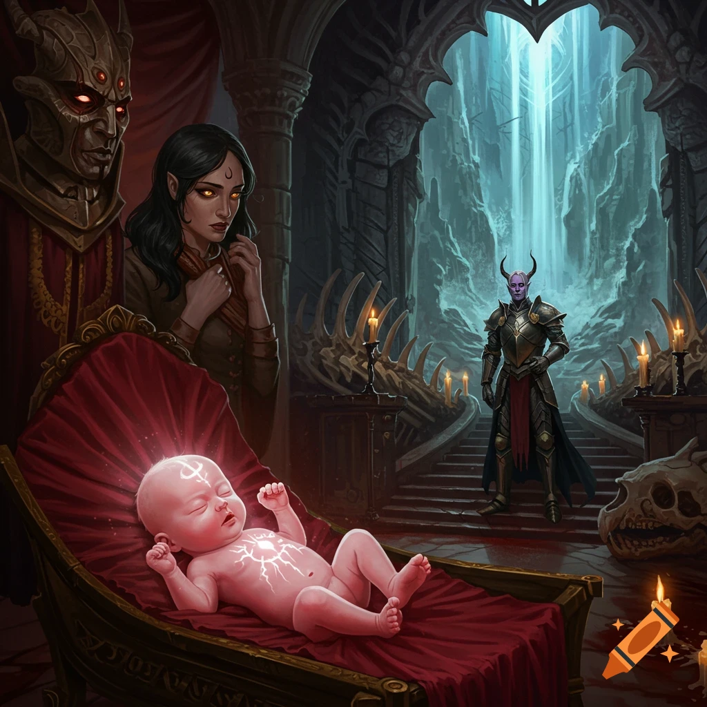 A glowing baby lies in a red cradle, observed by a dark-eyed woman, a demonic statue, and a horned warrior in a gothic room with bone decor and a waterfall.