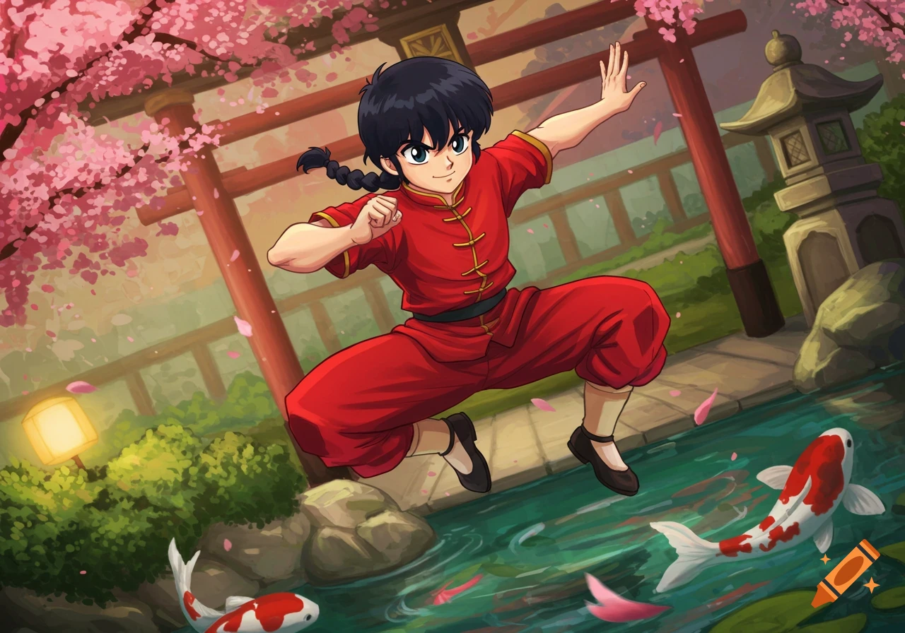 An anime character, Ranma Saotome, in a red martial arts gi, jumps over a pond with koi fish in a cherry blossom Japanese garden.