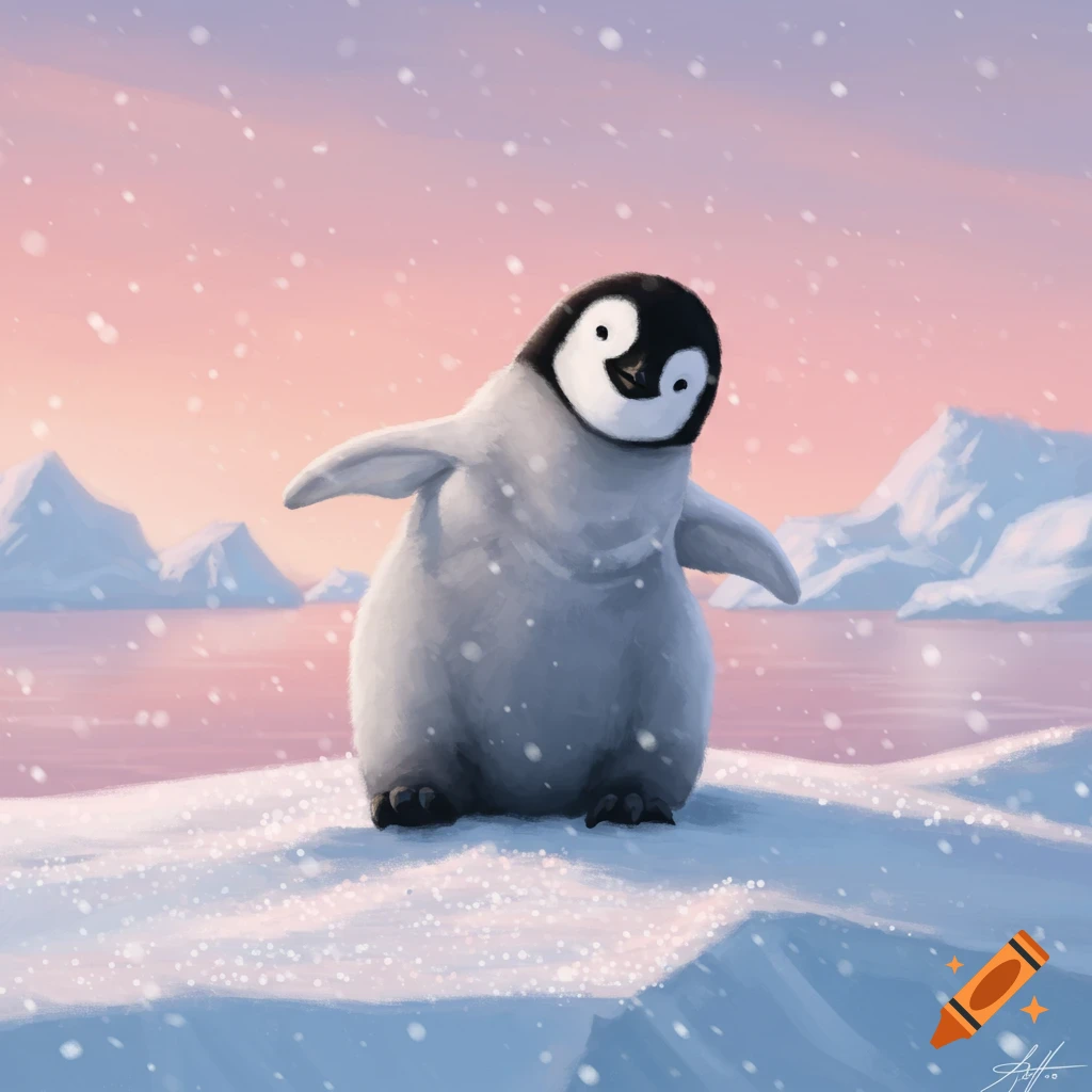A fluffy baby penguin stands in the snow, looking directly at the viewer, with snowy mountains and a pink and purple sky in the background, in an illustration style.