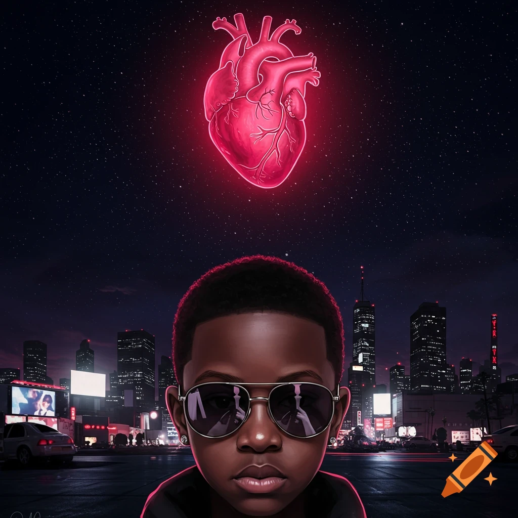 Stylized illustration of a boy with sunglasses, a glowing pink heart above his head, against a dark city at night.