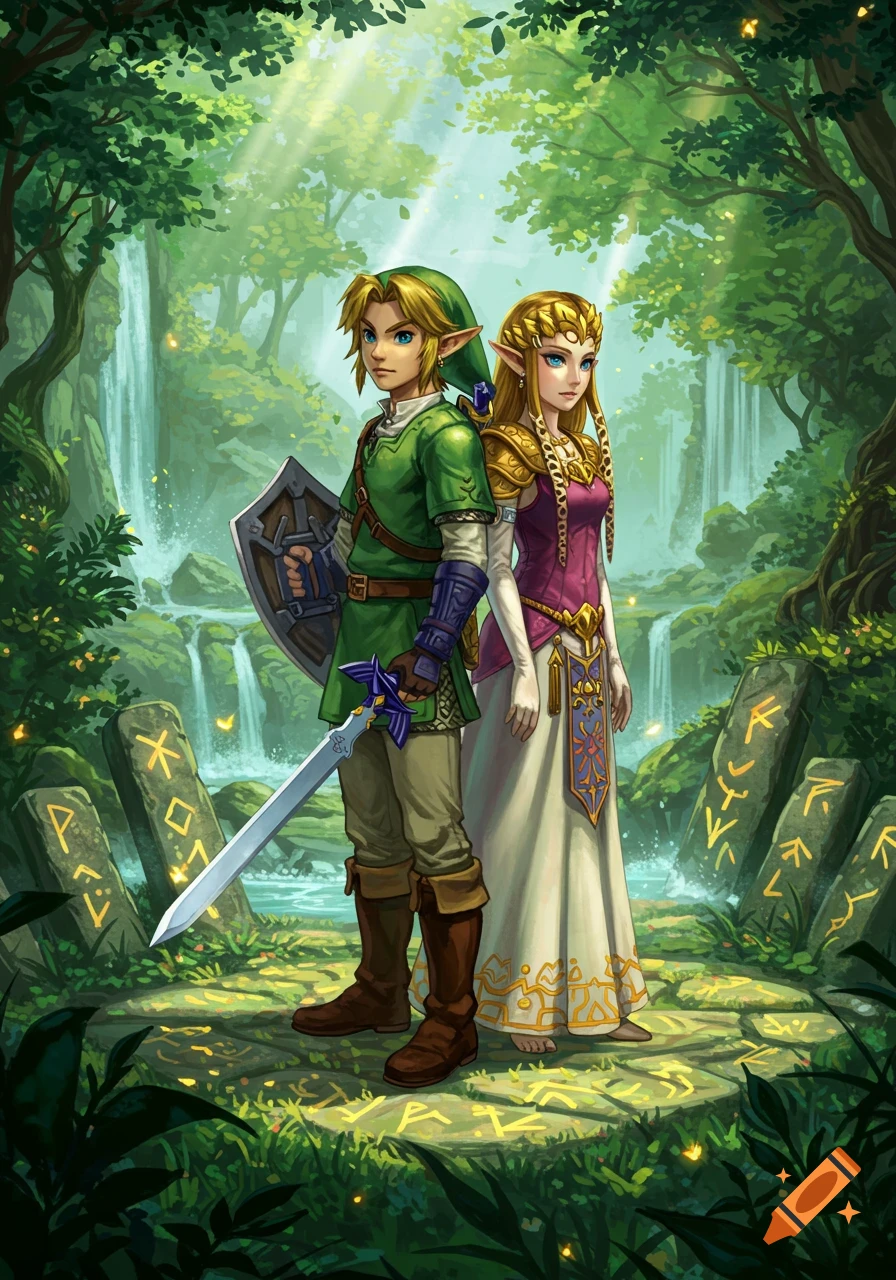 Link and Zelda stand back-to-back in a lush fantasy forest with waterfalls and glowing runic stones.