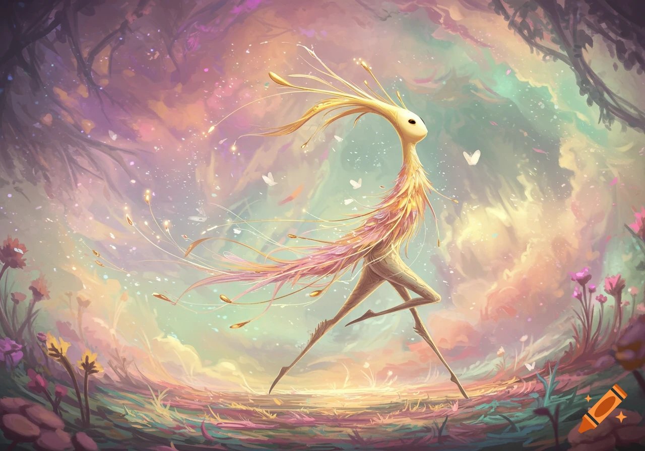 A whimsical, slender creature with golden plumage and long legs walks through a vibrant, pastel-colored magical forest with glowing plants and butterflies.