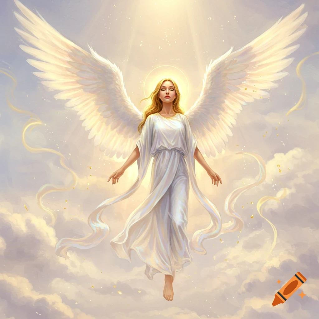 A blonde angel with large white wings and a halo, wearing a flowing white gown, floats gracefully in a bright, cloudy sky.