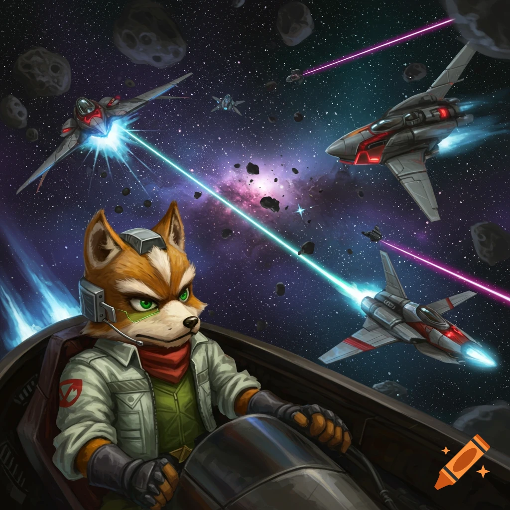 Fox McCloud pilots a spaceship in a vibrant, detailed space battle against other ships amidst asteroids and a colorful nebula.
