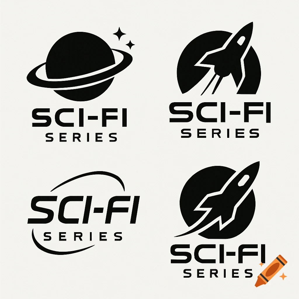 Four minimalist black and white sci-fi logos with planets, rockets, and 'SCI-FI SERIES' text.