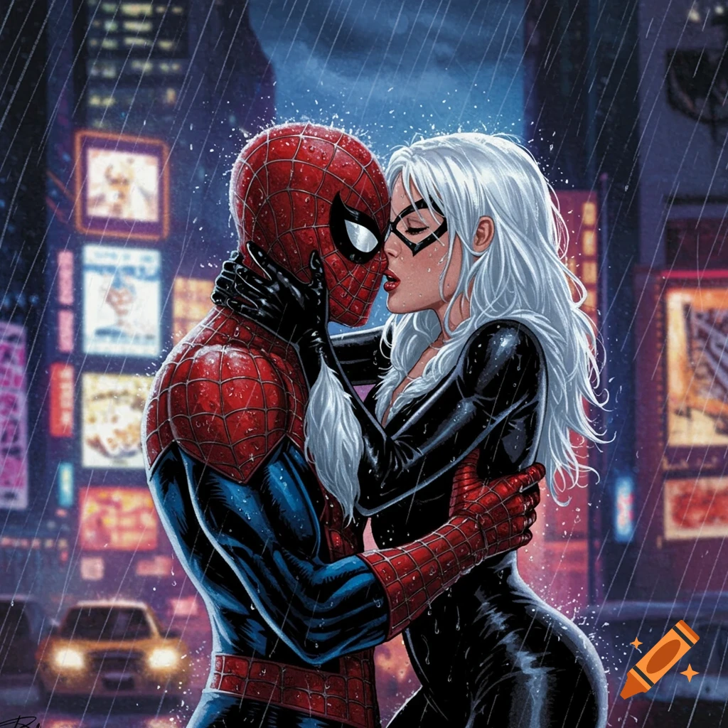 Spider-Man and Black Cat share a passionate kiss in the rain on a city street at night, comic book style.
