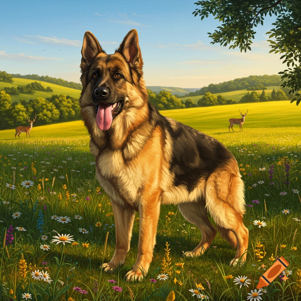 A majestic German Shepherd stands in a vibrant wildflower field with green hills and deer in the background under a blue sky.