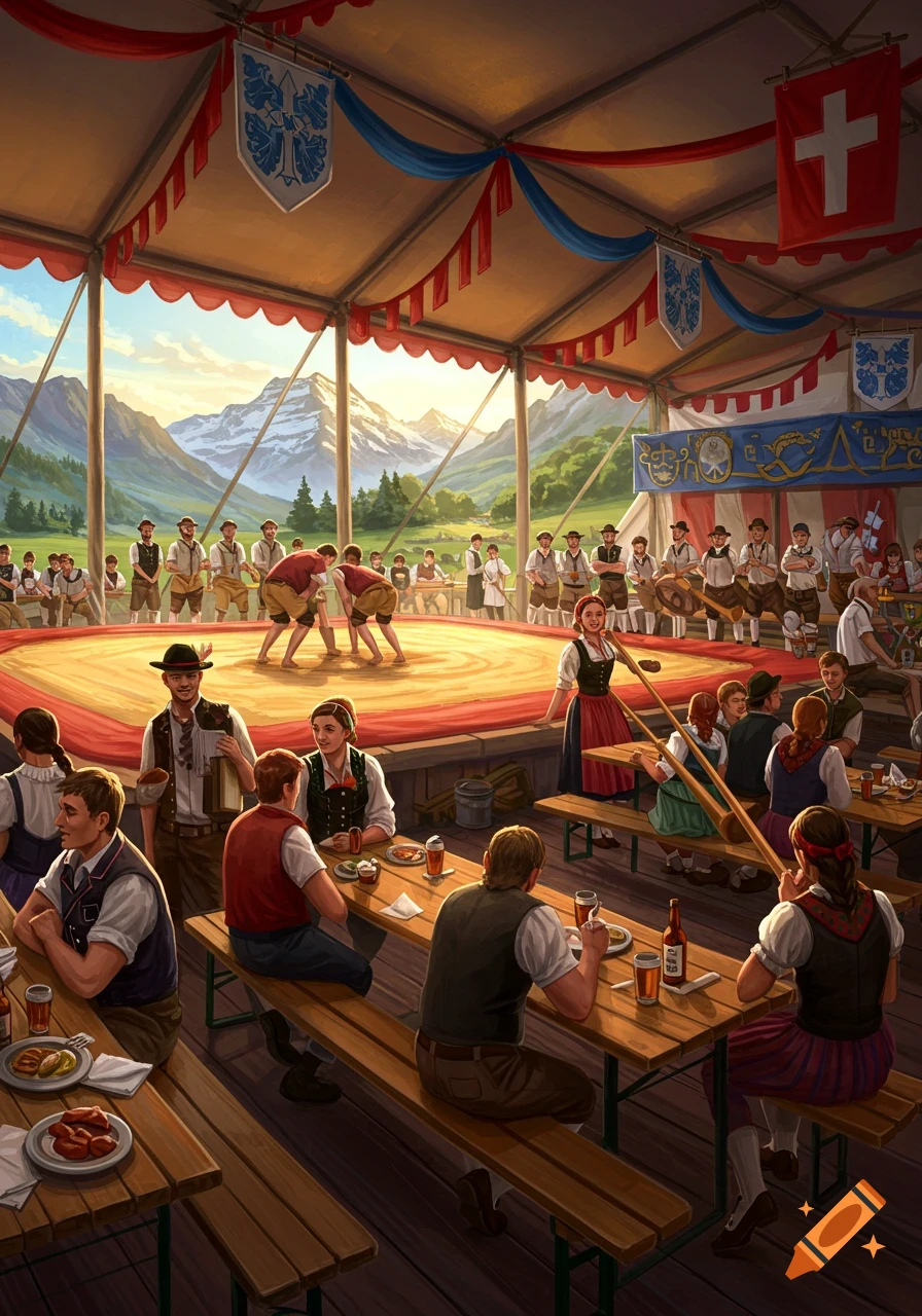An illustration of a lively Swiss festival inside a tent, with people in traditional attire eating at wooden tables and two men wrestling in a ring, against a backdrop of mountains.