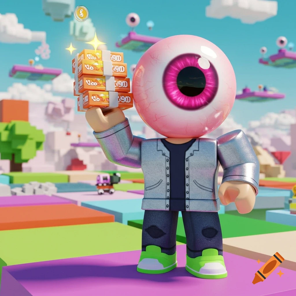 A Roblox-style avatar with a large pink eyeball for a head holds stacks of currency in a vibrant, blocky landscape.