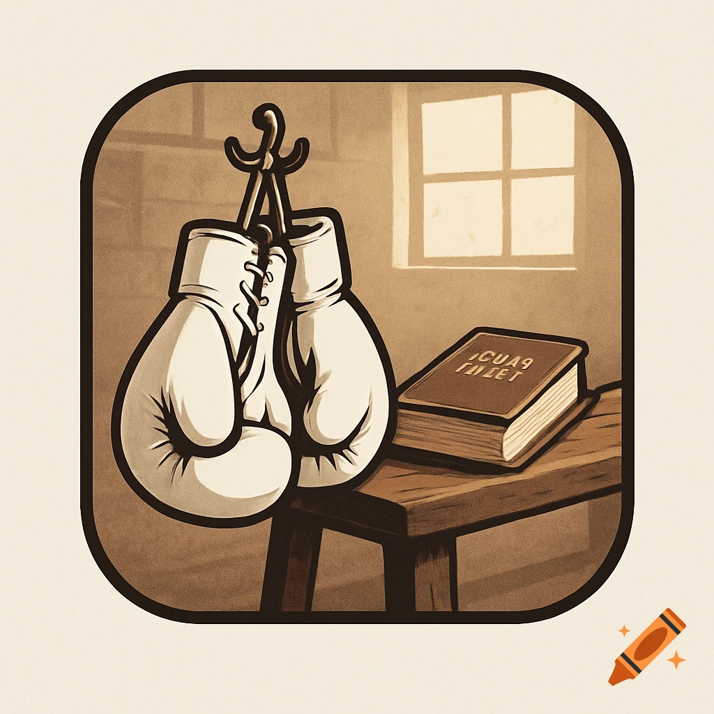 Stylized illustration of white boxing gloves hanging on a hook next to a book on a wooden bench by a window, in sepia tones.