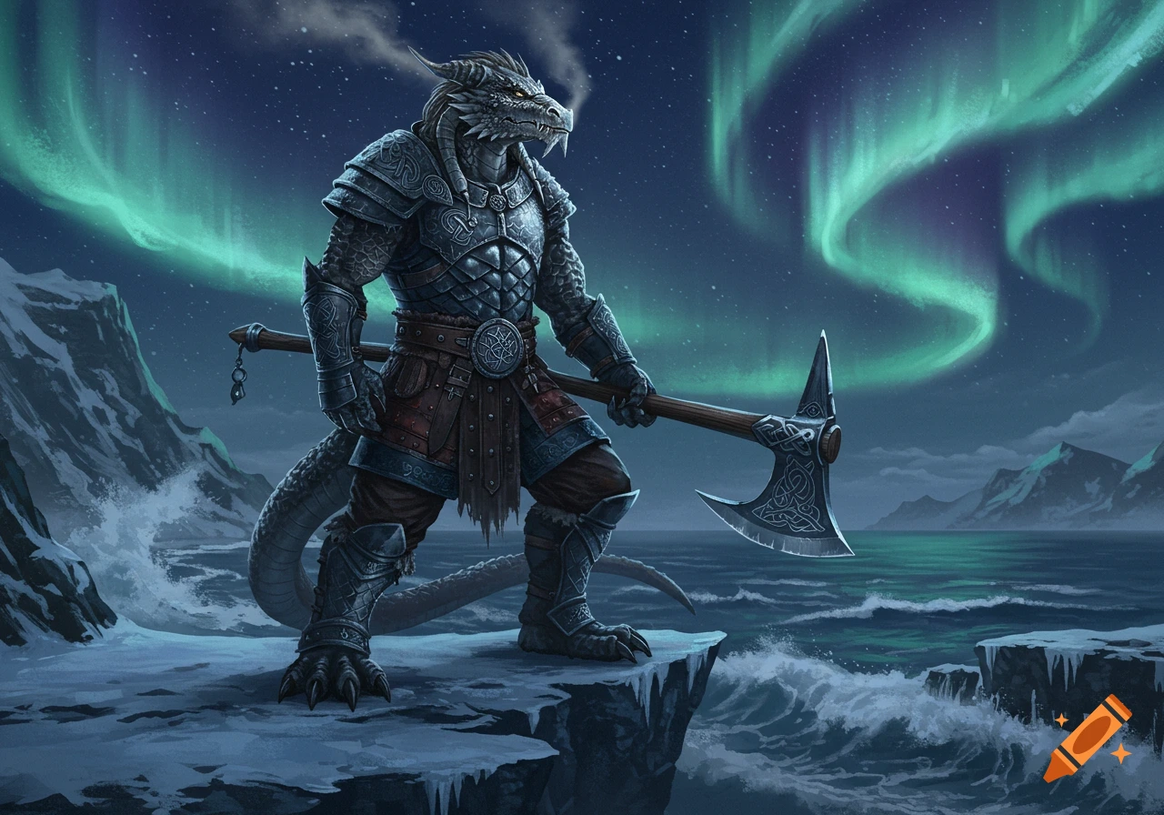 A powerful dragonborn warrior in dark ornate armor, wielding a large axe, stands on an icy cliff under a green aurora.