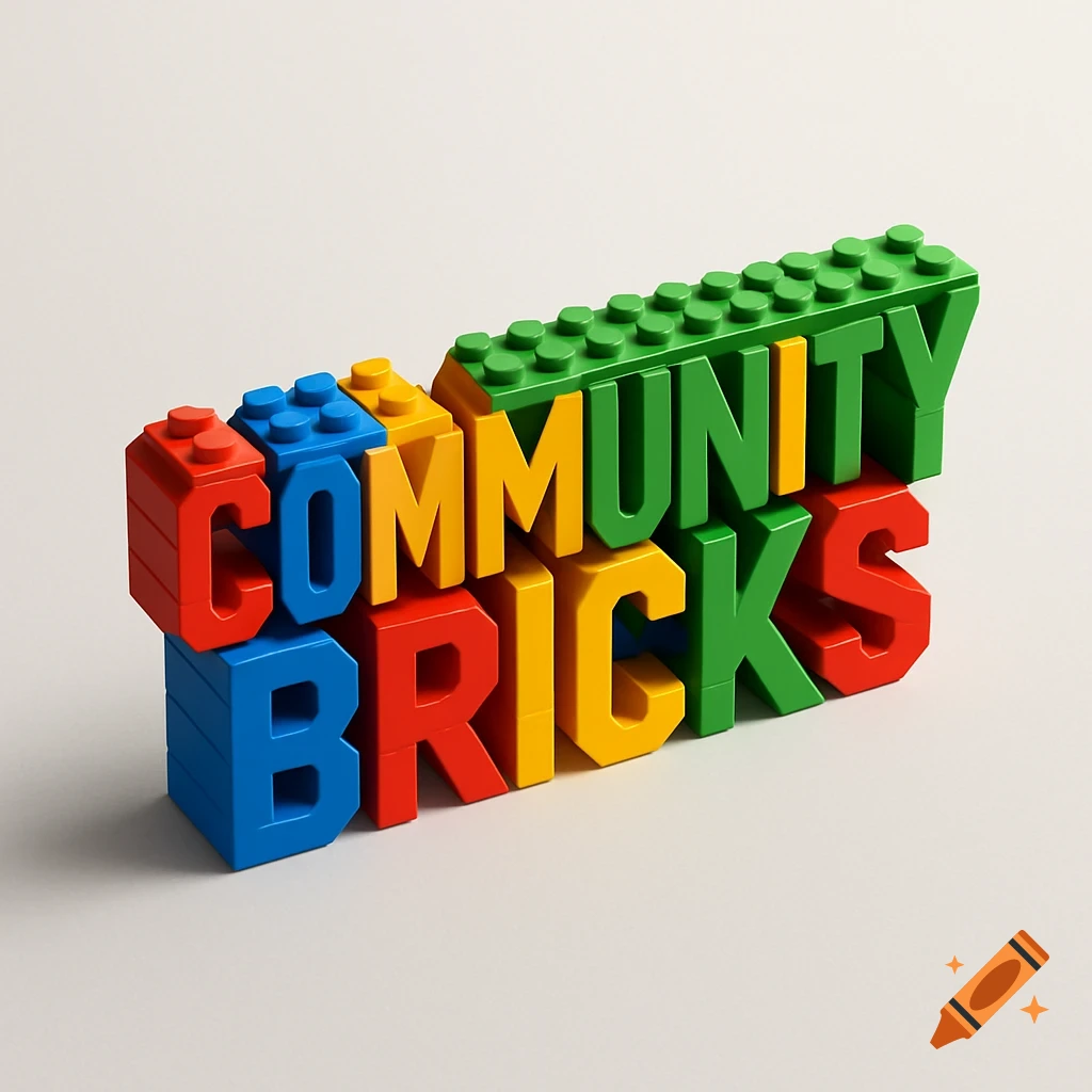 The words 'COMMUNITY BRICKS' formed by colorful Lego-like blocks on a white background.