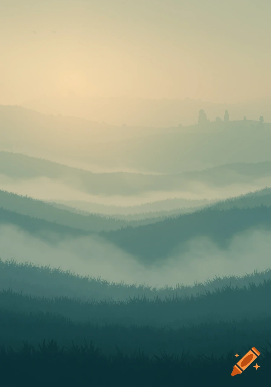 A tranquil misty landscape featuring rolling teal and green hills under a soft, light sky, with faint details in the distance.