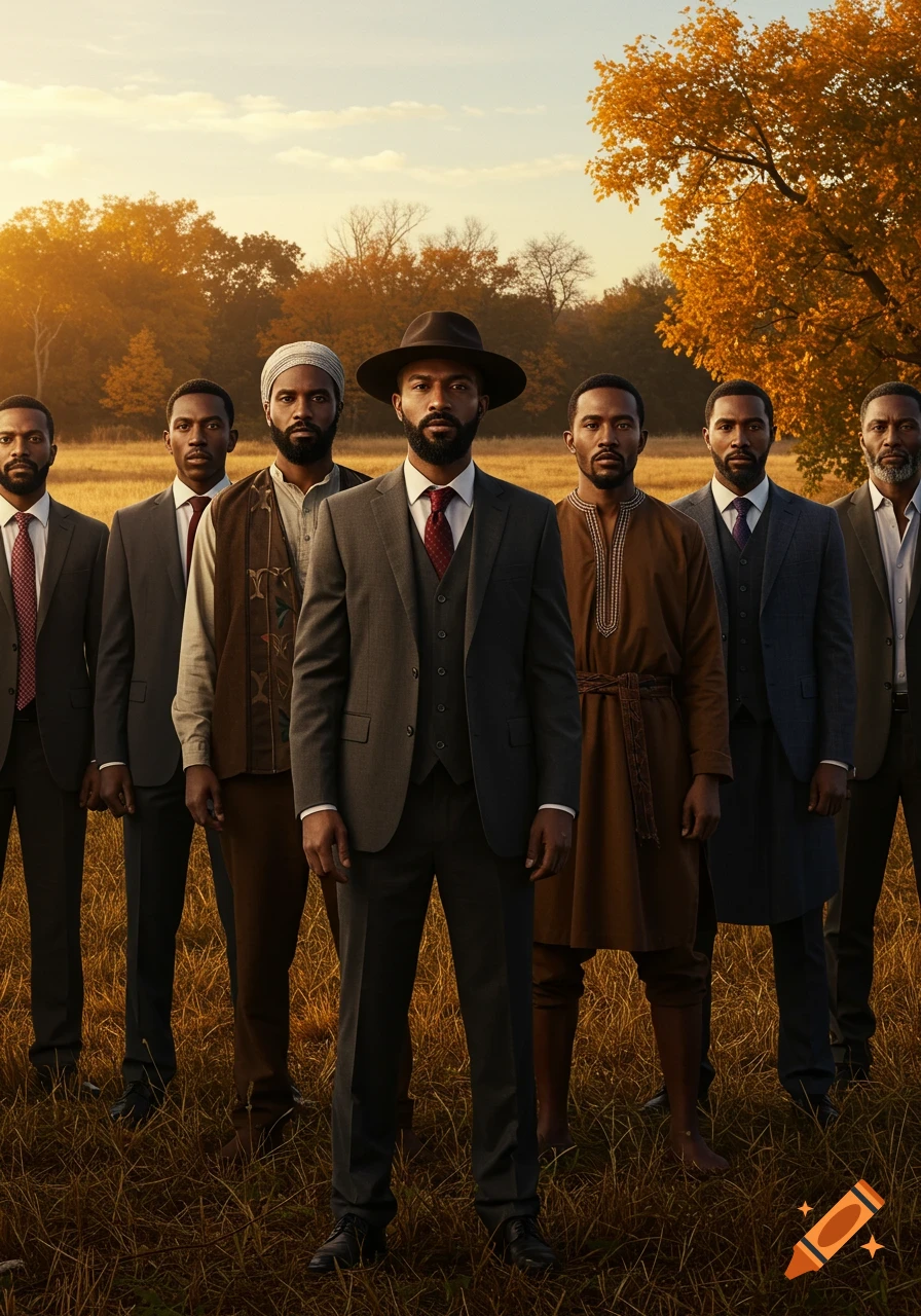 Seven men in diverse attire stand in a golden autumn field.
