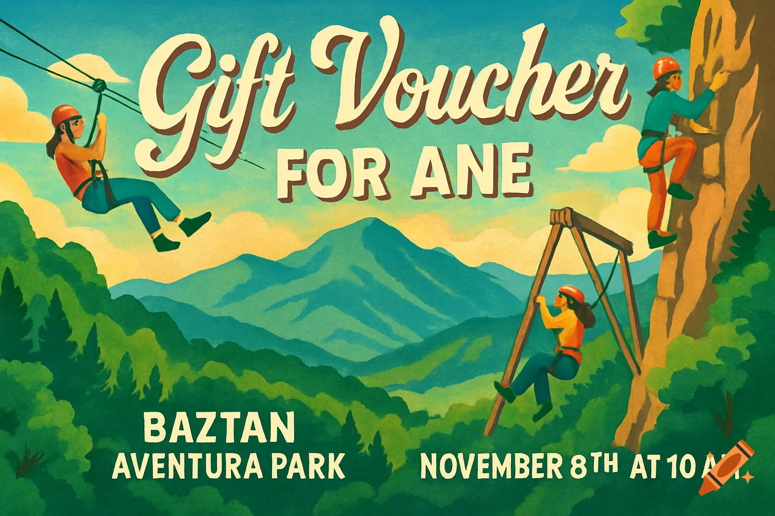 Vintage-style gift voucher for Baztan Aventura Park, featuring people zip-lining, rock climbing, and on a pendulum swing against a mountain backdrop.