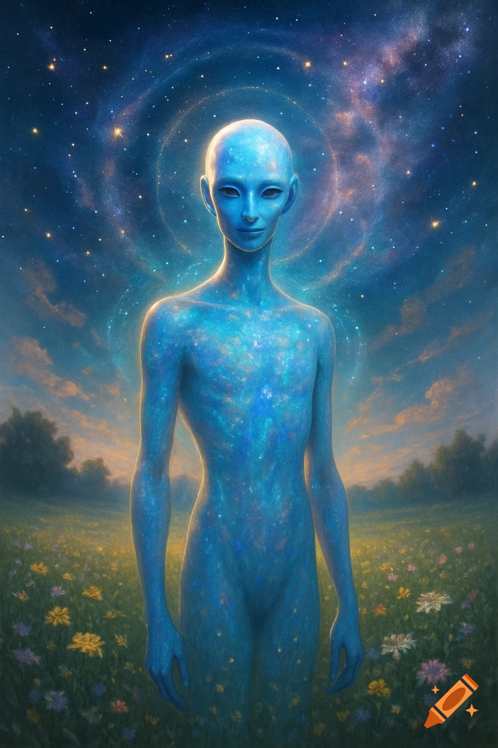 A blue, bald, humanoid alien figure covered in a starry galaxy pattern stands in a field of colorful flowers under a vibrant night sky.