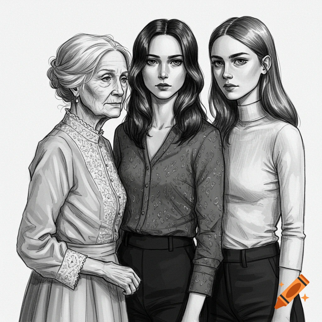 Black and white illustration of three women of different generations standing together, from elderly to young.