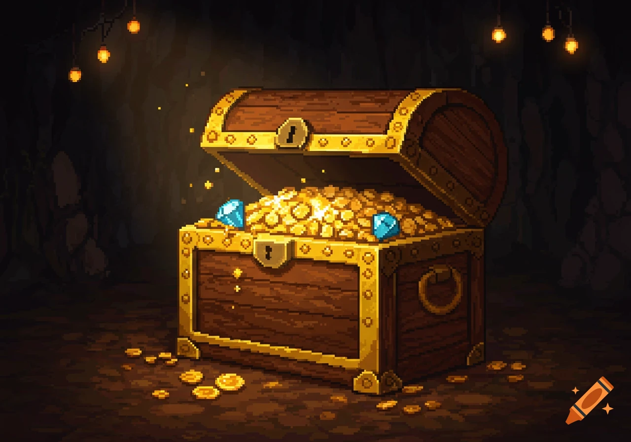 A pixel art wooden treasure chest overflowing with gold coins and blue diamonds in a dark cave.