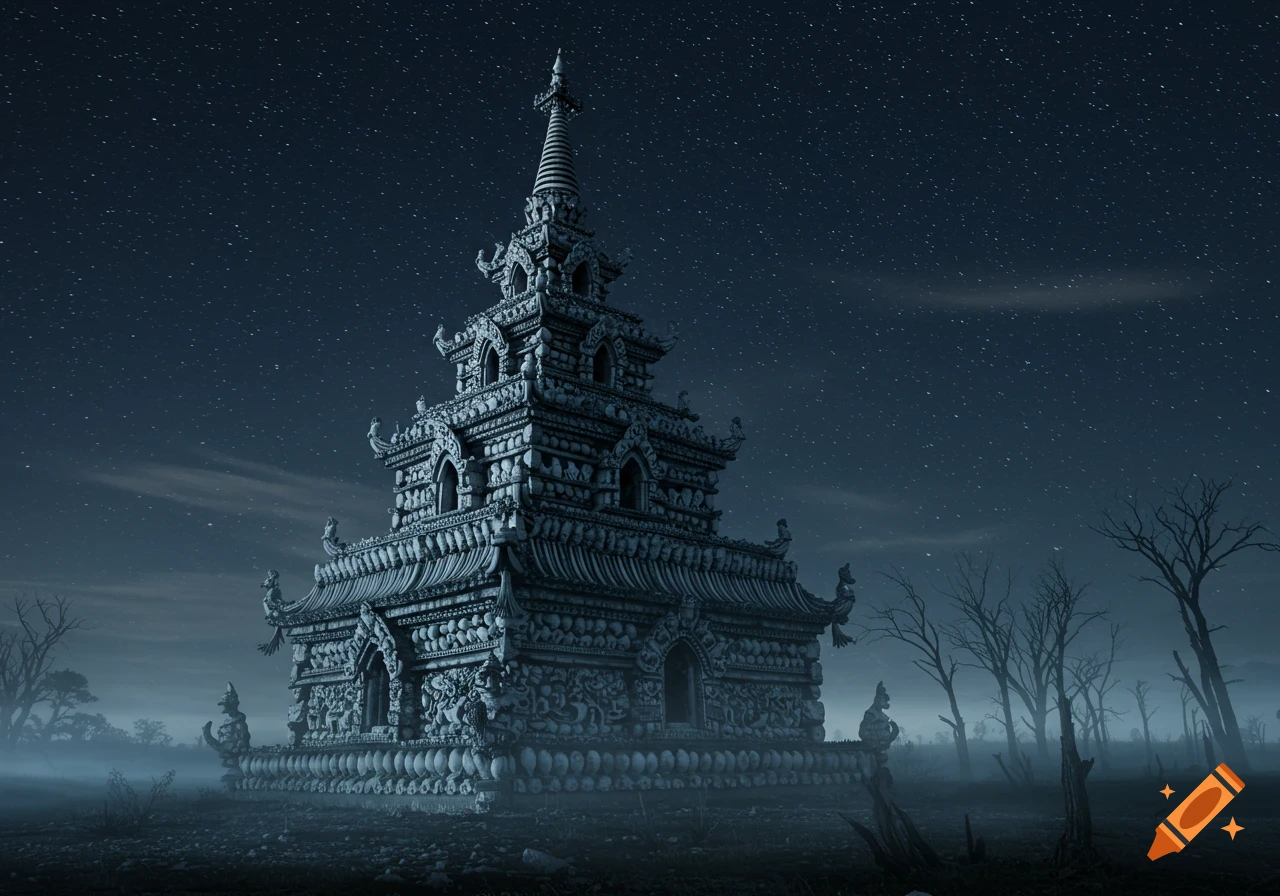 An ornate Buddhist stupa made of bones stands under a starry night sky, surrounded by mist and bare trees.