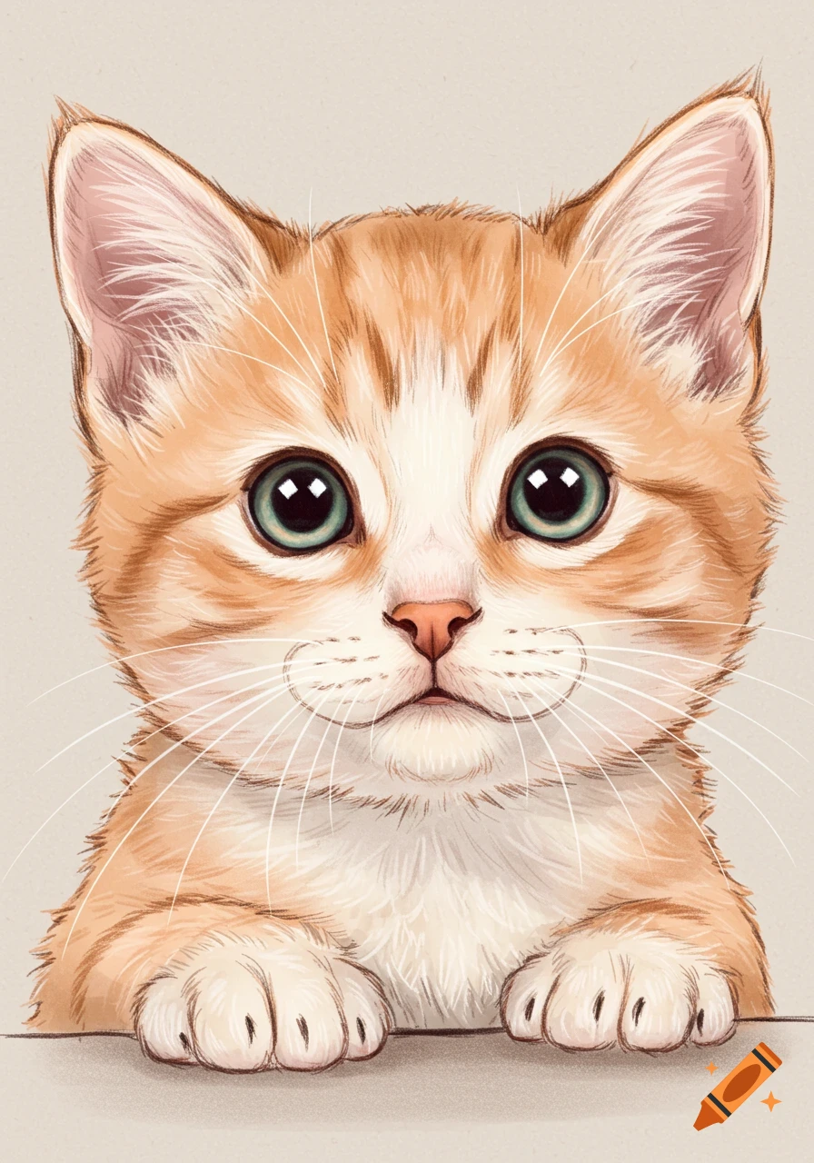 A cute hand-drawn orange and white baby kitten with big green eyes peeking over a surface.