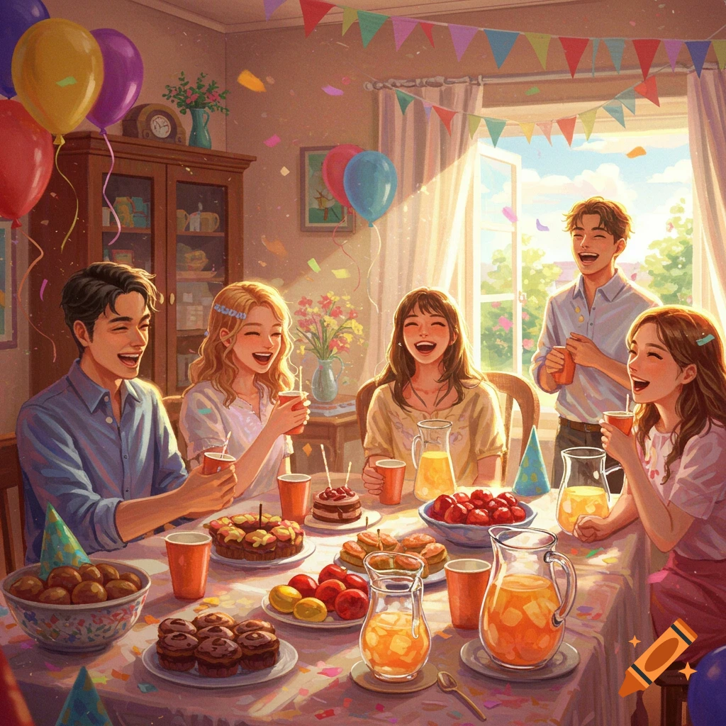 Illustrated young friends laughing at a birthday party, with food, drinks, balloons, and confetti in a warm, sunny room.