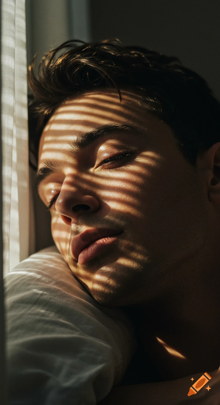 Close-up of a young man's face with closed eyes, shadows from window blinds falling across his features in warm morning light.