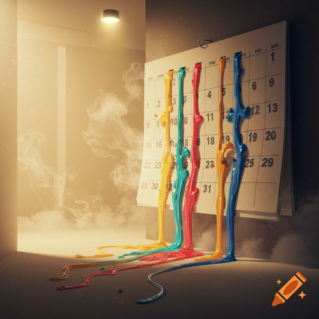 A surreal image of a wall calendar with melting, colorful paint dripping down onto the floor, bathed in warm light.