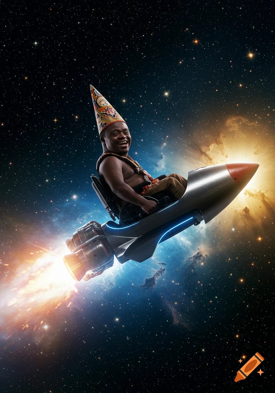 A happy African man with Down syndrome wearing a conical hat flies through space in a rocket-powered wheelchair, leaving a fiery trail.