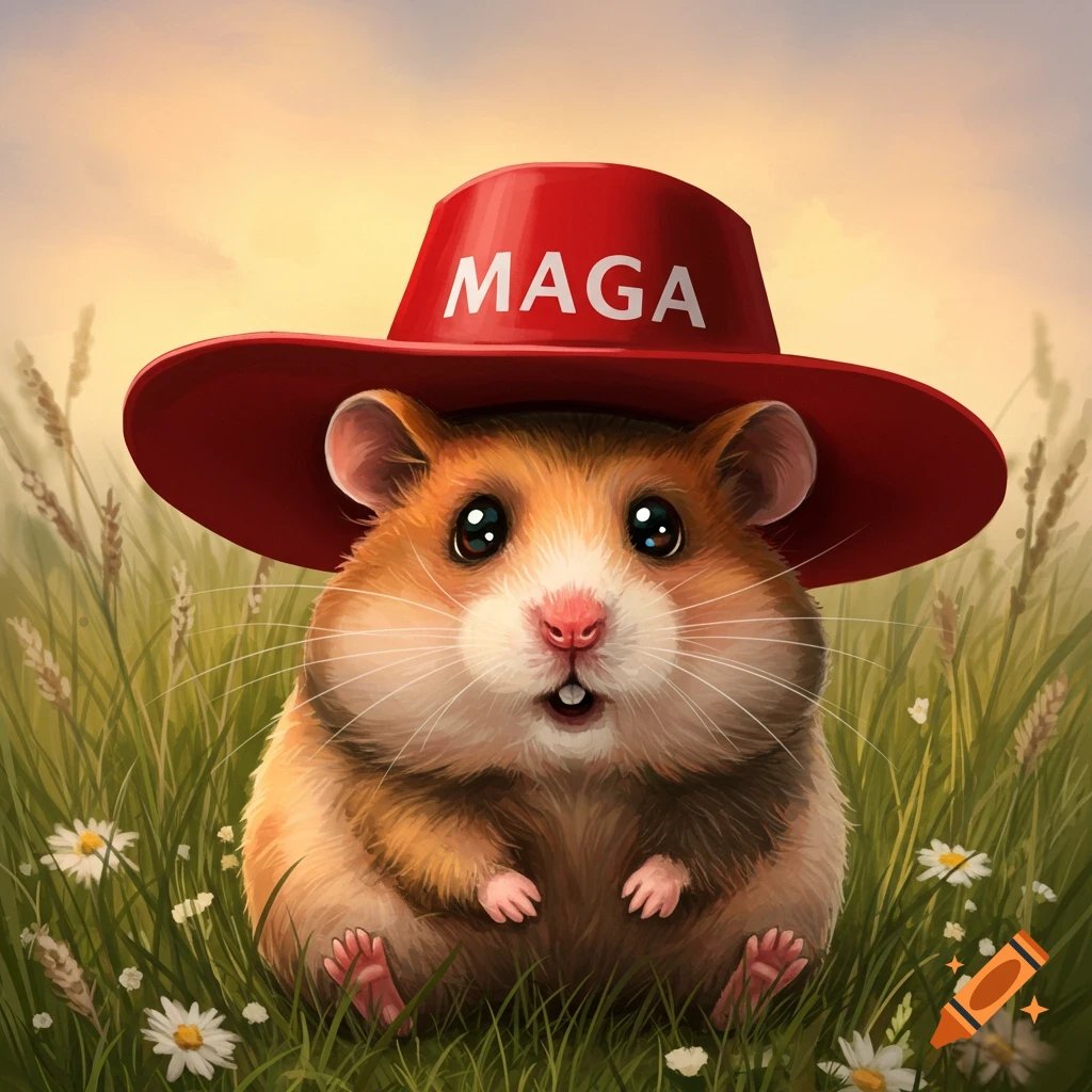 A cute, fluffy hamster wearing a red MAGA hat, sitting in a grassy field with daisies under a warm sky, cartoon style.