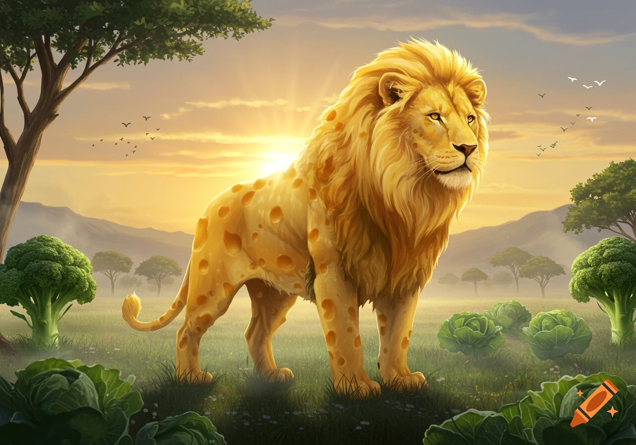 A majestic lion with a body made of Swiss cheese stands in a green field with broccoli and cabbage under a golden sunset.