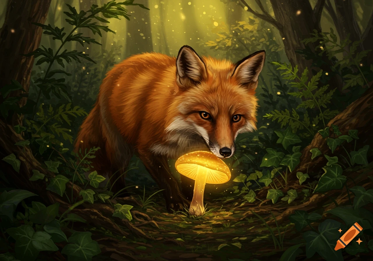 A red fox approaches a glowing golden mushroom in a dark, magical forest with sparkling light, digital painting.