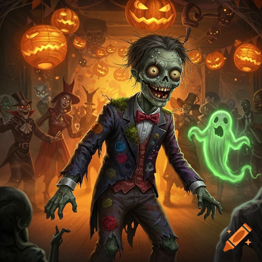A mischievous zombie in a torn suit with a bow tie dances at a vibrant Halloween costume party filled with other monsters and glowing jack-o'-lanterns.