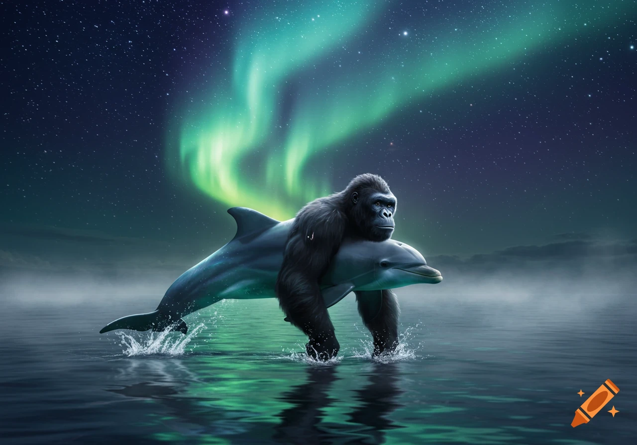 A photorealistic gorilla rides on the back of a dolphin jumping out of the water at night under a vibrant green aurora borealis.
