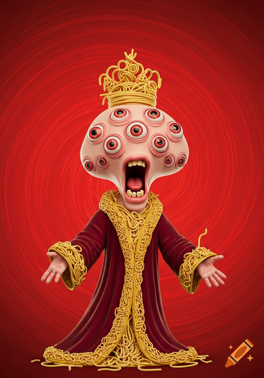 A cartoonish, surreal character with many red eyes, a spaghetti crown, and a velvet robe covered in spaghetti, screaming against a red vortex background.