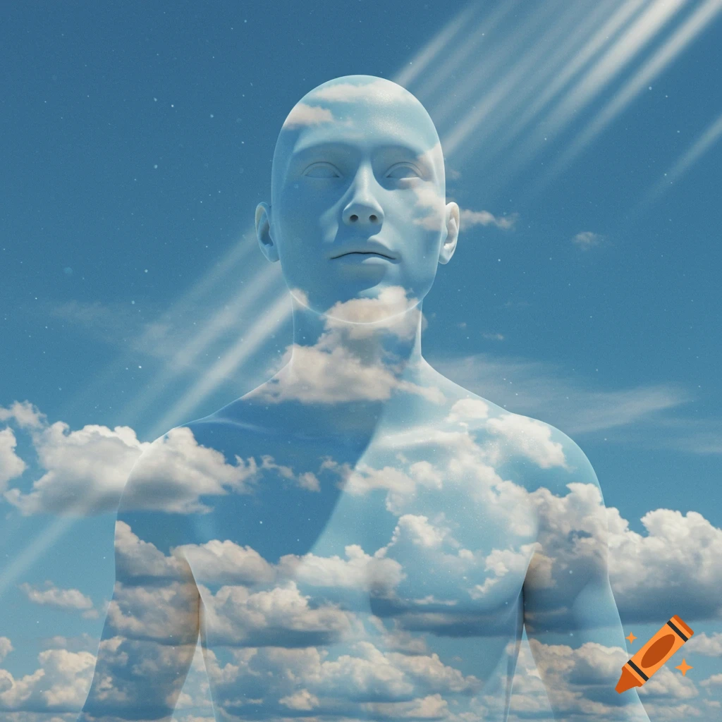 A translucent human bust and head, with no facial features, filled with clouds and blue sky, with light rays.