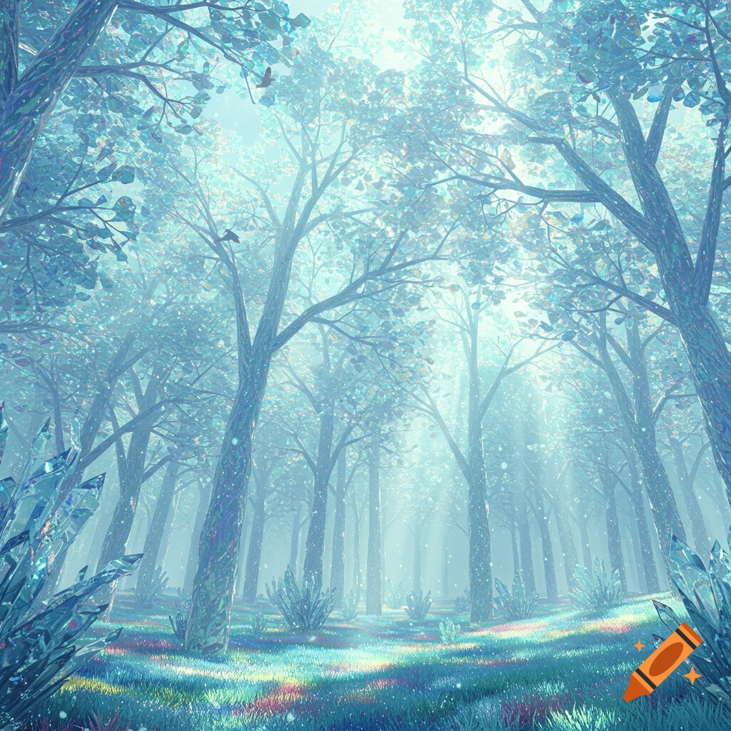 A magical forest with crystal-like trees, shimmering leaves, and sparkling ground under bright, ethereal light.