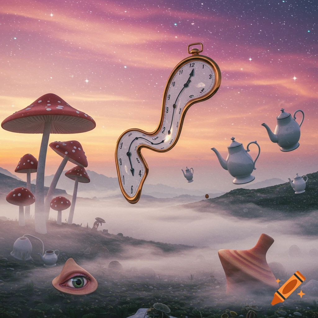 A surreal landscape with a melting clock, flying teapots, large red-spotted mushrooms, and an eyeball, under a starry pink and orange sky.