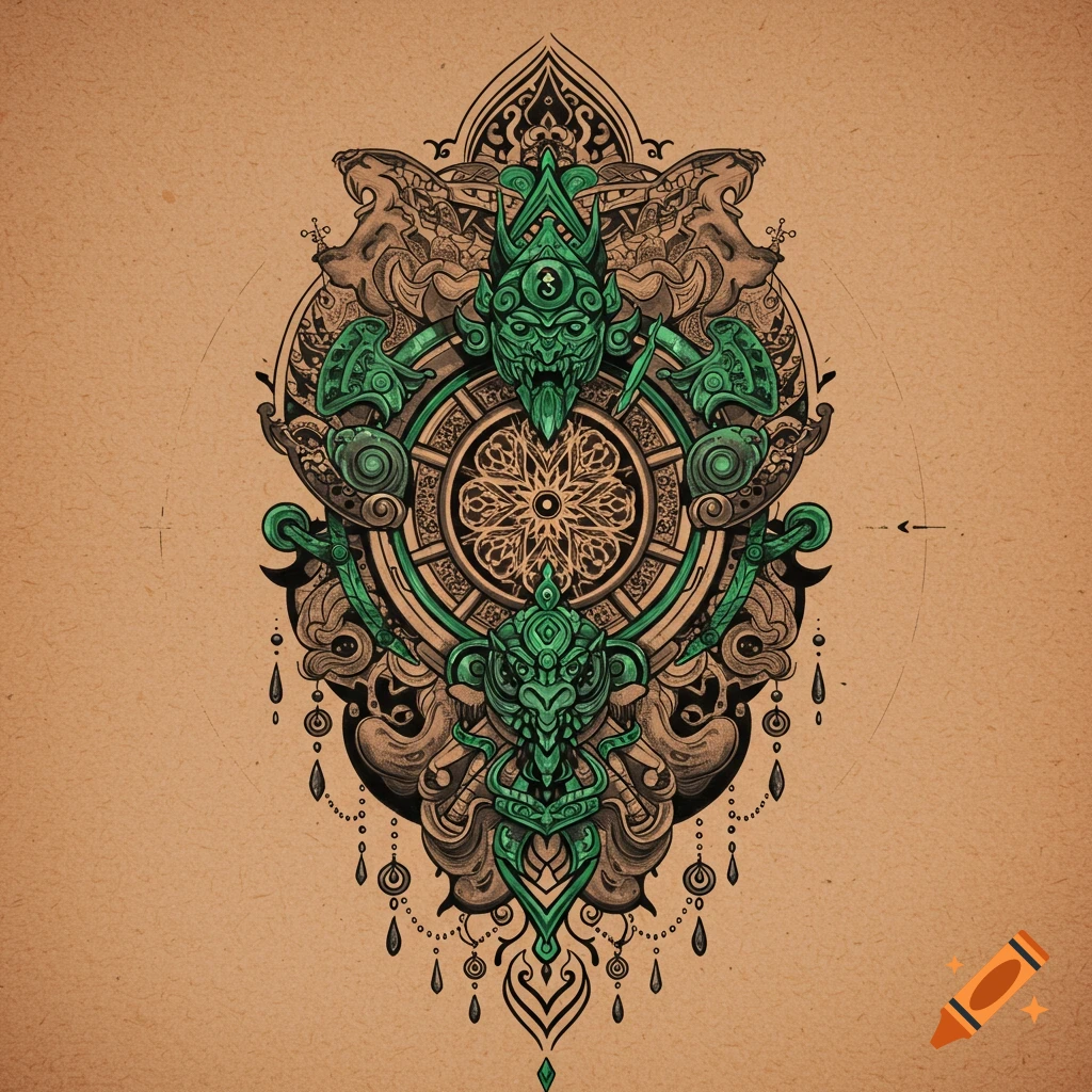 Intricate green and brown ornate tattoo design with stylized faces, a central mandala, and dangling beads on a textured paper background.