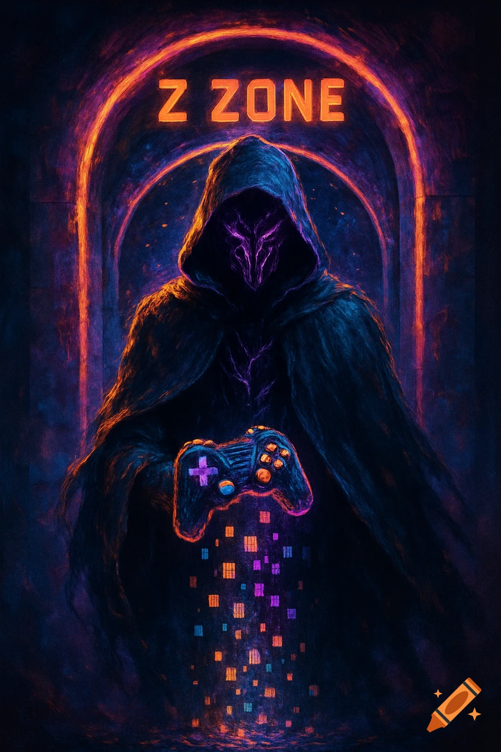 A dark, hooded figure with a glowing face holds a neon game controller, emitting a pixel trail, below a 'Z ZONE' portal in a sci-fi gaming art style.