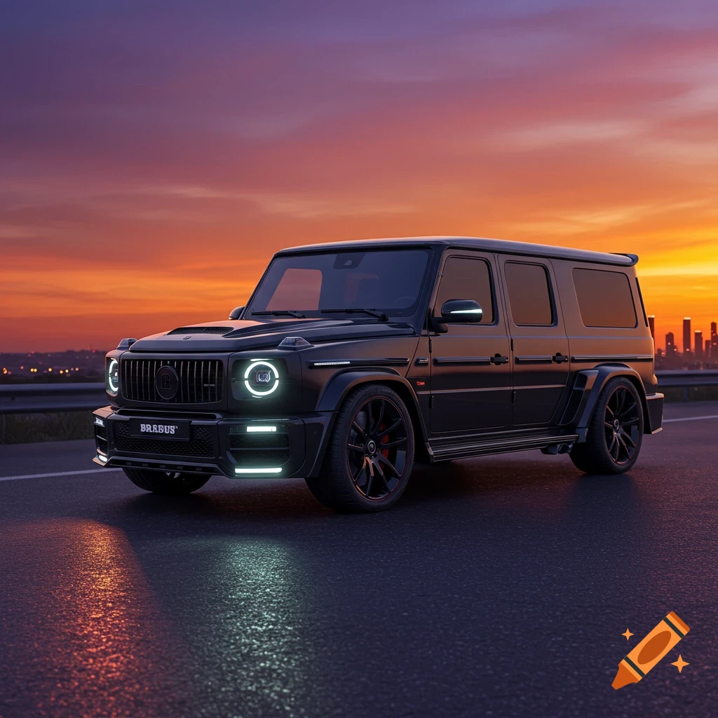 Photorealistic image of a black Brabus G-wagon SUV with illuminated headlights on a road at sunset, cityscape in the background.