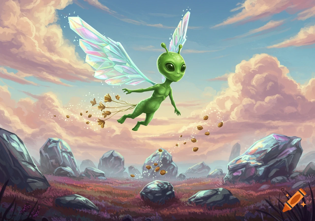 A cute green alien with large black eyes, antennae, and iridescent crystal wings flies across a sky with pink clouds, leaving a trail of flowers and seeds over a rocky, purplish landscape.