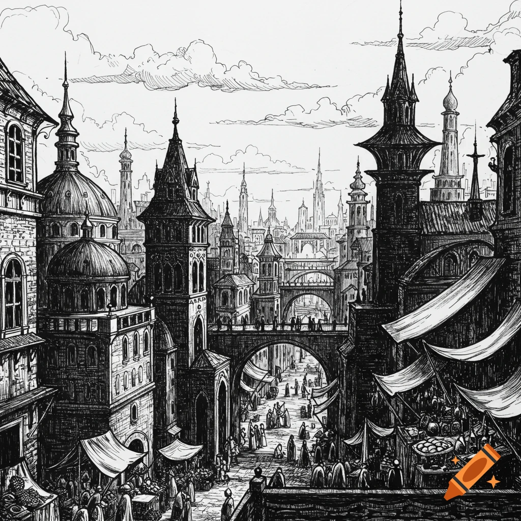 A detailed monochrome ink drawing of a bustling fantasy city with intricate architecture, spires, domes, bridges, and a lively market scene below.